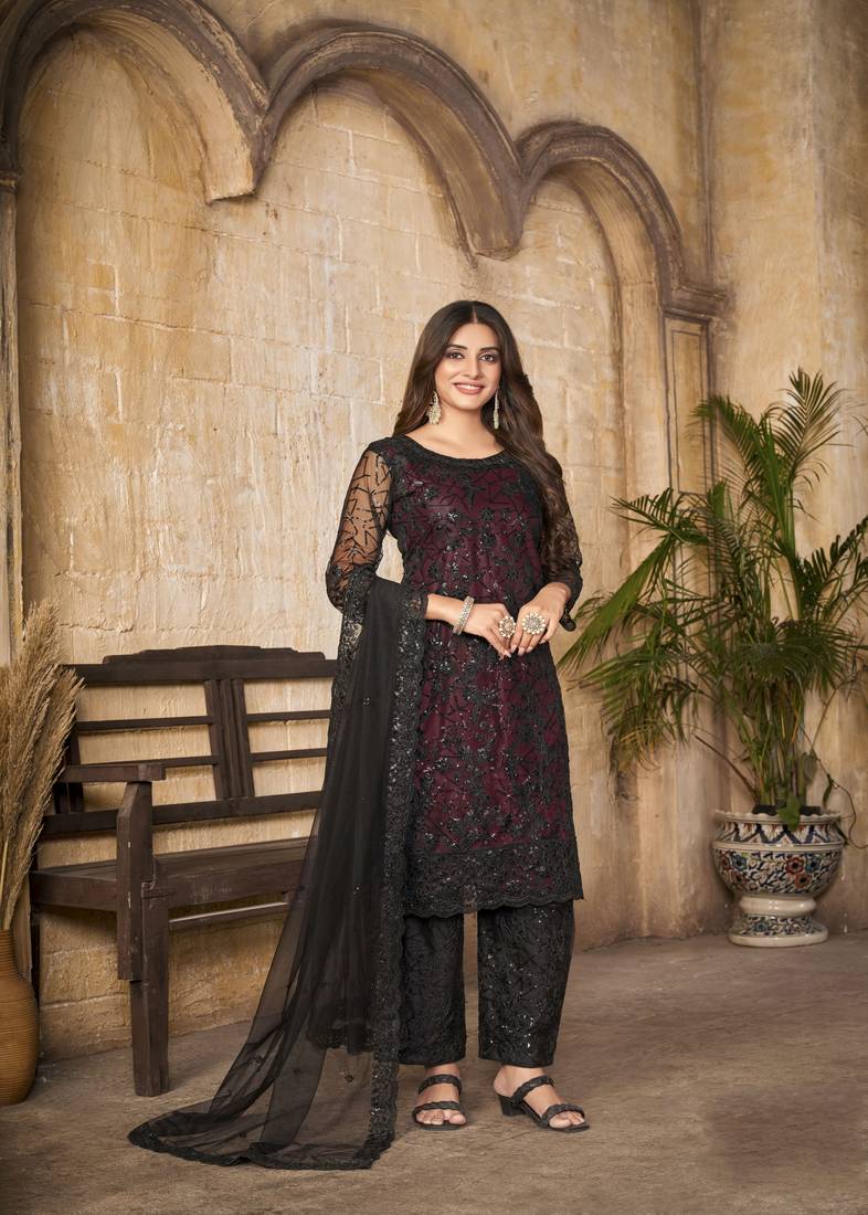 Heavy Black Sequance Embroidery Work In Maroon Colour And Girlish Net Fabric