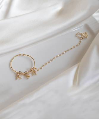 Gold finish kundan polki & pearl nose ring 1