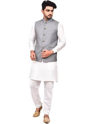Fawn plain art silk  kurta-pajama 1