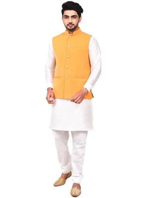 Fawn plain art silk  kurta-pajama 1