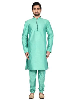 Green plain art silk kurta-pajama 1