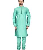 Green plain art silk kurta-pajama