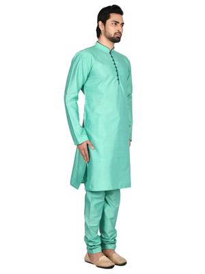 Green plain art silk kurta-pajama 3