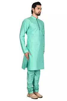 Green plain art silk kurta-pajama