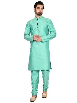 Green plain art silk kurta-pajama 4