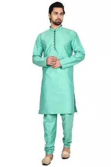 Green plain art silk kurta-pajama