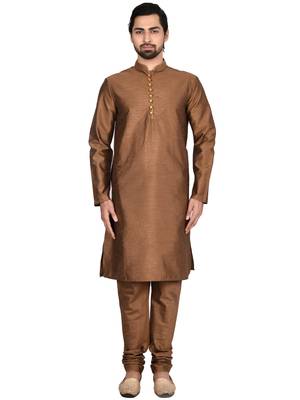 Brown plain art silk kurta-pajama 1
