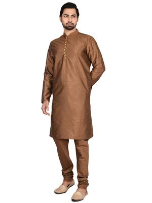 Brown plain art silk kurta-pajama 4