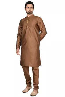 Brown plain art silk kurta-pajama