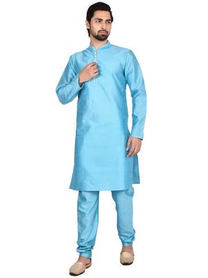 Blue plain art silk  kurta-pajama 3