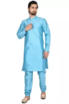 Blue plain art silk  kurta-pajama