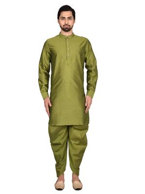 Green plain art silk  dhoti-kurta 1