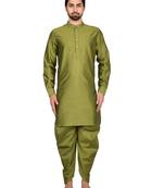 Green plain art silk  dhoti-kurta