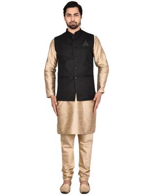 Gold plain art silk kurta-pajama 1