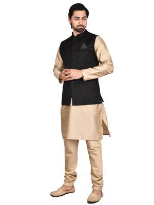 Gold plain art silk kurta-pajama 3