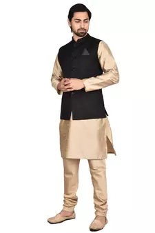 Gold plain art silk kurta-pajama