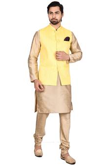 Gold plain art silk kurta-pajama
