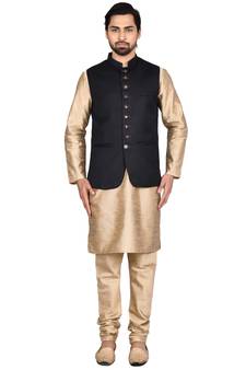 Gold plain art silk kurta-pajama