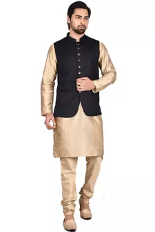 Gold plain art silk kurta-pajama