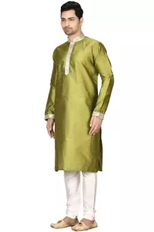 Green embroidered art silk kurta-pajama