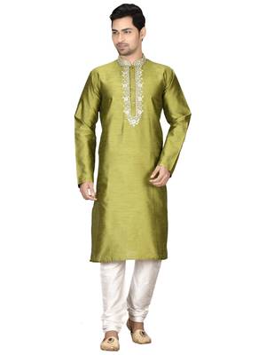 Green embroidered art silk kurta-pajama 1