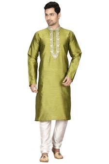 Green embroidered art silk kurta-pajama