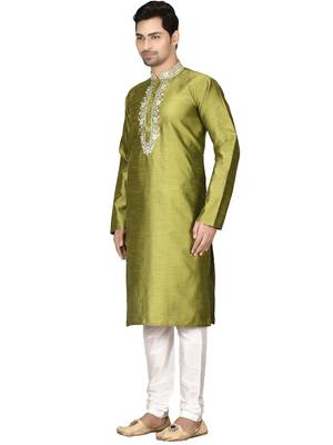 Green embroidered art silk kurta-pajama 3