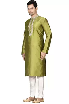 Green embroidered art silk kurta-pajama
