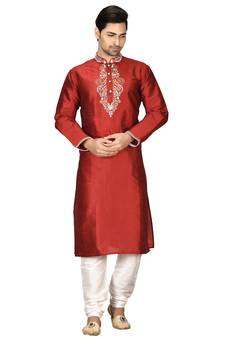Maroon embroidered art silk kurta-pajama