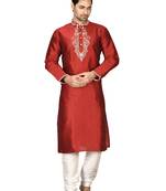 Maroon embroidered art silk kurta-pajama