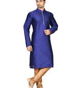 Blue plain art silk kurta-pajama