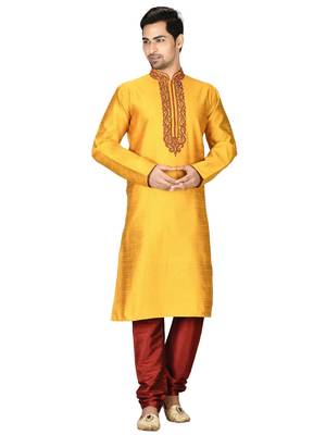 Yellow embroidered art silk kurta-pajama 1
