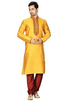 Yellow embroidered art silk kurta-pajama