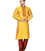 Yellow embroidered art silk kurta-pajama