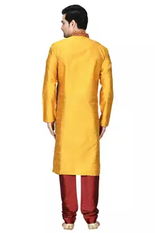 Yellow embroidered art silk kurta-pajama