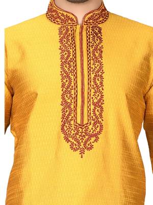 Yellow embroidered art silk kurta-pajama 4