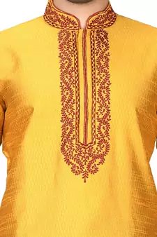 Yellow embroidered art silk kurta-pajama