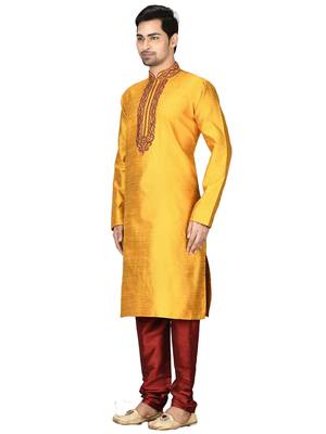 Yellow embroidered art silk kurta-pajama 5
