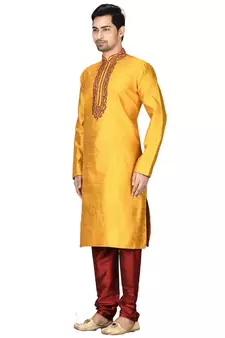 Yellow embroidered art silk kurta-pajama