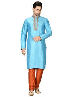 Turquoise embroidered art silk kurta-pajama 1