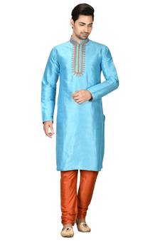 Turquoise embroidered art silk kurta-pajama