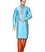Turquoise embroidered art silk kurta-pajama