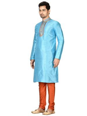 Turquoise embroidered art silk kurta-pajama 2