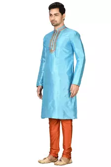 Turquoise embroidered art silk kurta-pajama