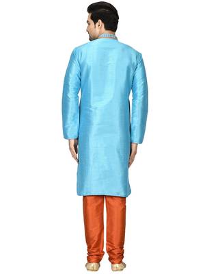 Turquoise embroidered art silk kurta-pajama 3