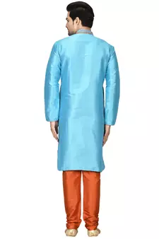 Turquoise embroidered art silk kurta-pajama