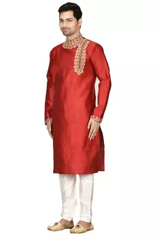 Maroon embroidered art silk kurta-pajama