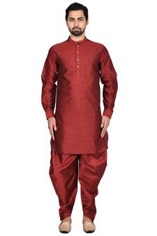 Maroon plain art silk dhoti-kurta