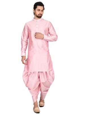 Pink plain art silk dhoti-kurta 1