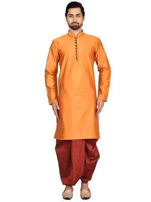Orange plain art silk dhoti-kurta 1